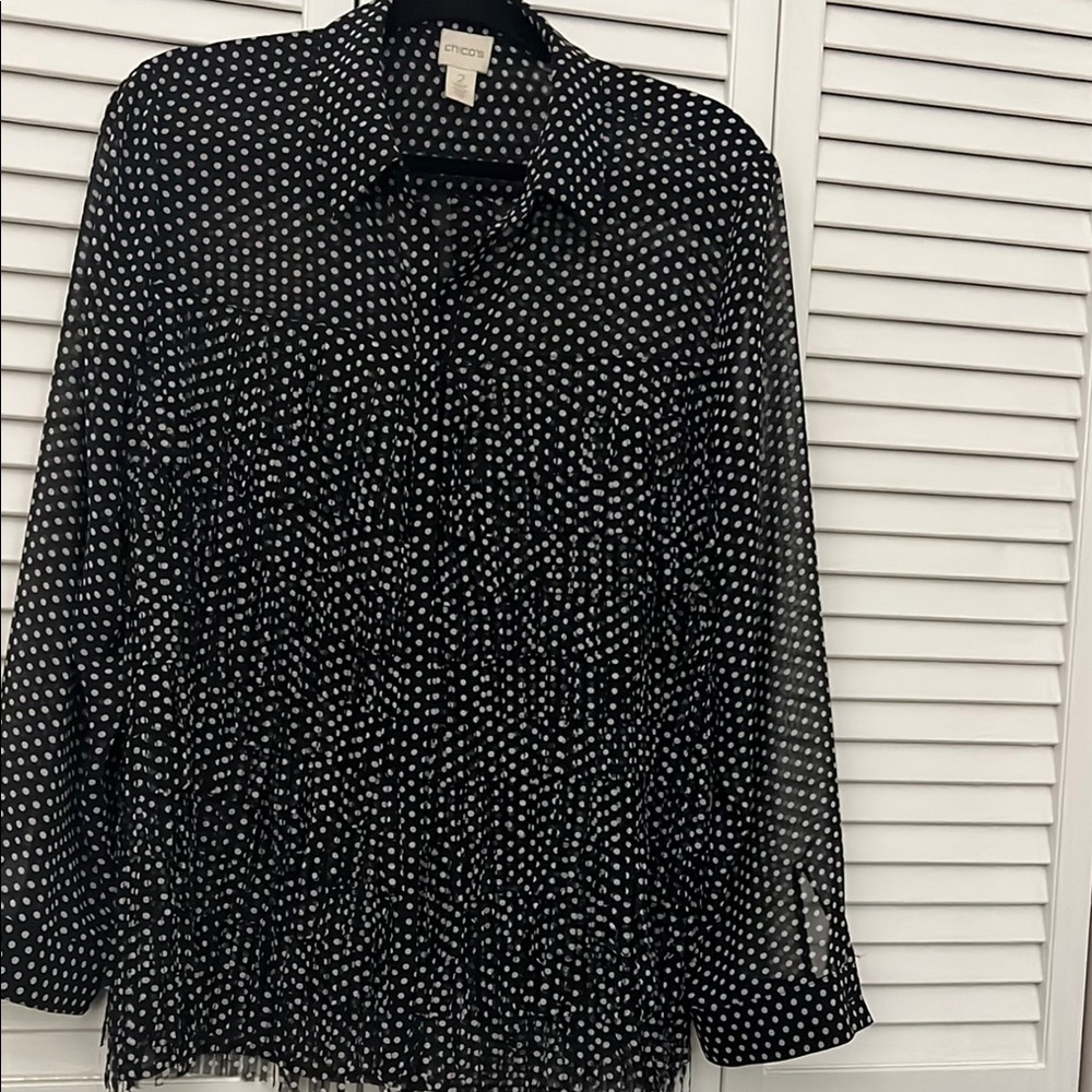 Black and White Polka Dot Blouse by Chico’s sz 2 (large) fringes front